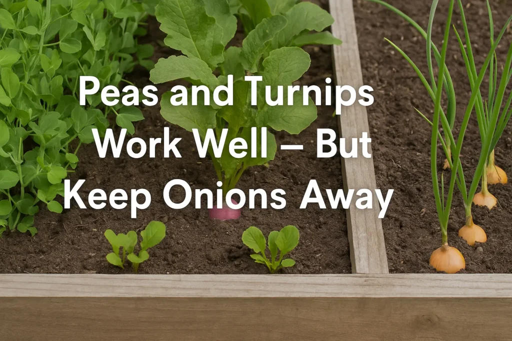 Peas and turnips growing side by side in a garden bed, with onions clearly separated in a distant row