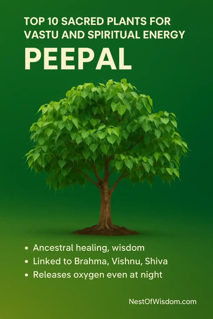 Peepal (Ficus religiosa) tree with heart-shaped leaves and green gradient background