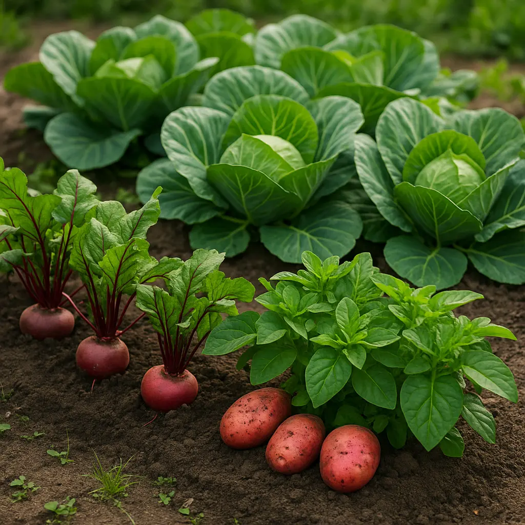 Cabbage, potatoes, and beets growing together in a shared garden bed with rich soil
Slug: potatoes-cabbage-beets-companion