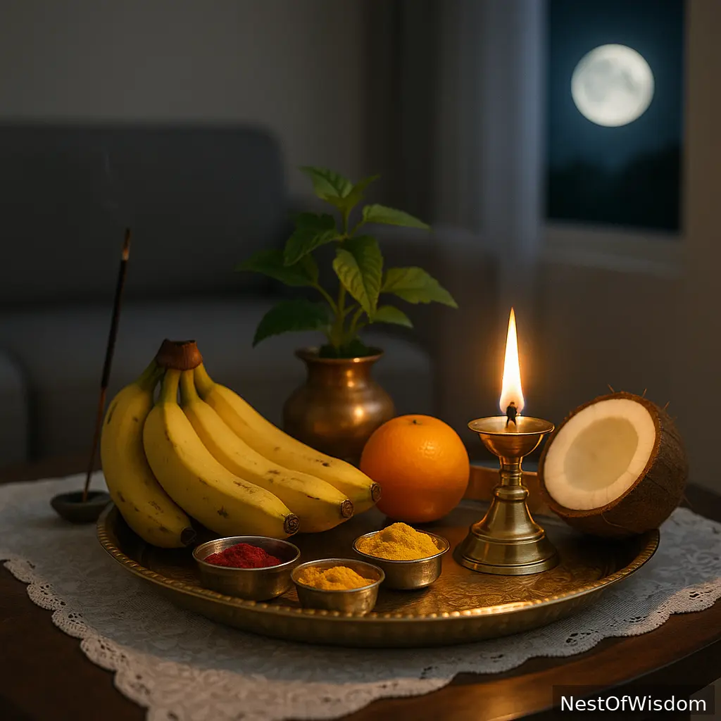 Pournami Amavasya Fasting — ritual setup with diya, incense and offerings — NestOfWisdom branding