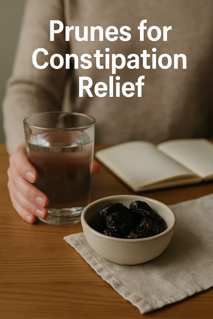Prunes for Constipation Relief – bowl of soaked prunes and glass of water