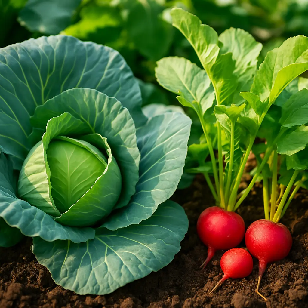 Cabbage and red radishes growing side by side in a vibrant garden bed