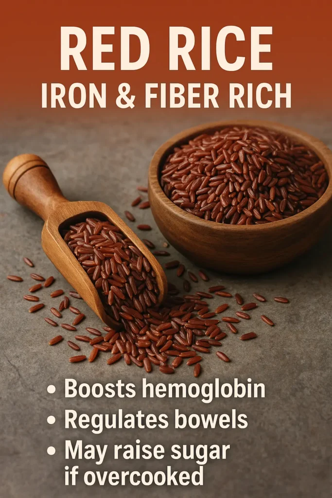 Red rice grains in bowl and scoop showing health benefits