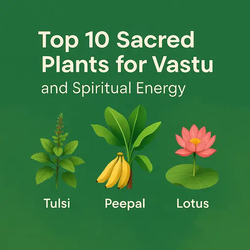 Top 10 Sacred Plants for Vastu – Tulsi, Peepal, Banana, and Lotus on a green background