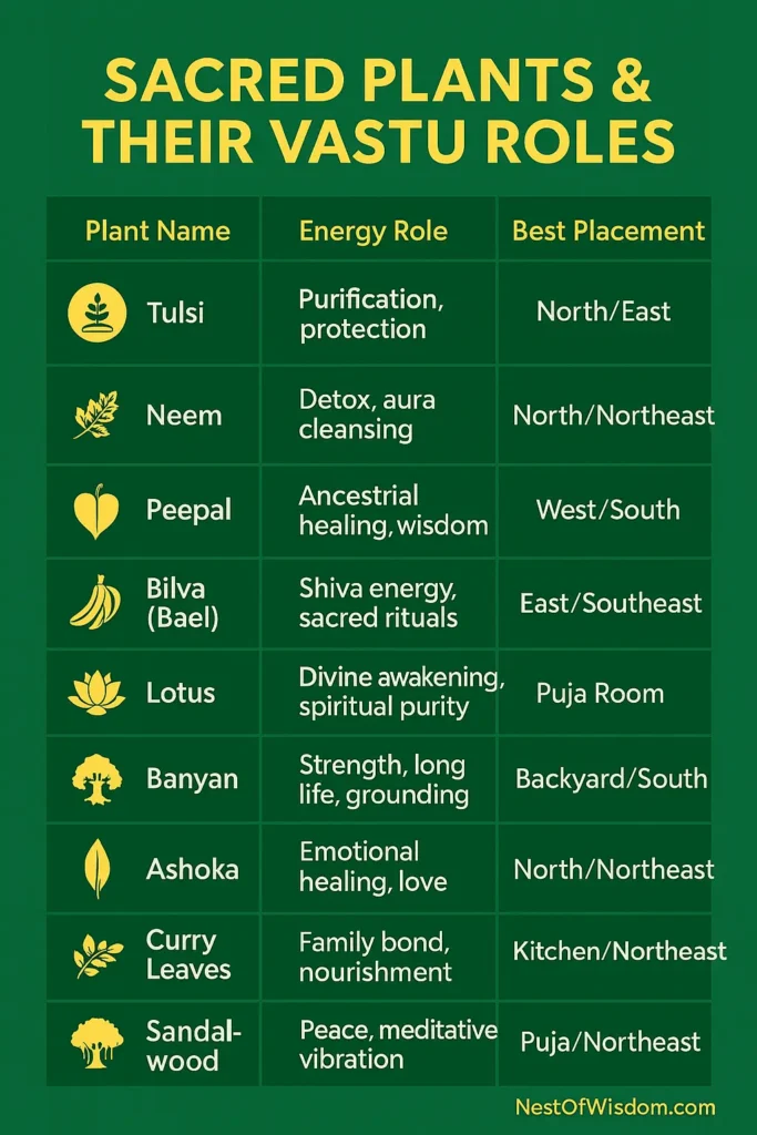 Sacred plants and their Vastu roles – chart showing plant names, energy roles, and best placements