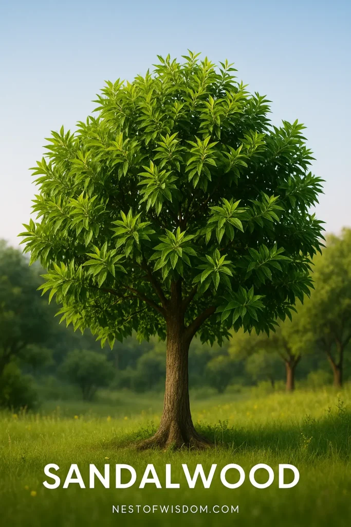 Sandalwood tree with rich green leaves and dark trunk in a peaceful grassy field