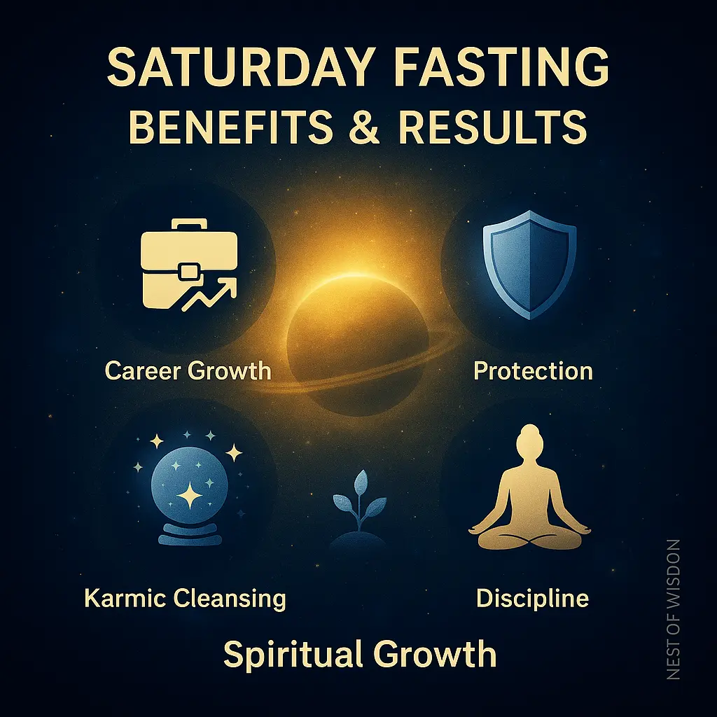 Saturday Fasting (Shanivar Vrat) benefits infographic with icons for career growth, protection, karmic cleansing, discipline, and spiritual growth