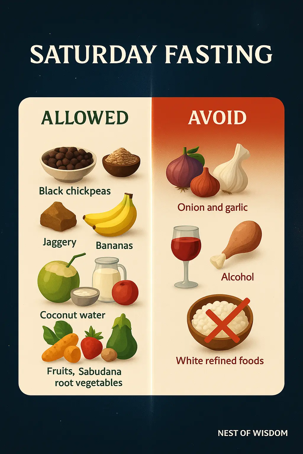 Saturday Fasting (Shanivar Vrat) foods infographic showing allowed foods like black chickpeas, sesame, bananas, and avoided foods like onion, garlic, non-veg, and alcohol