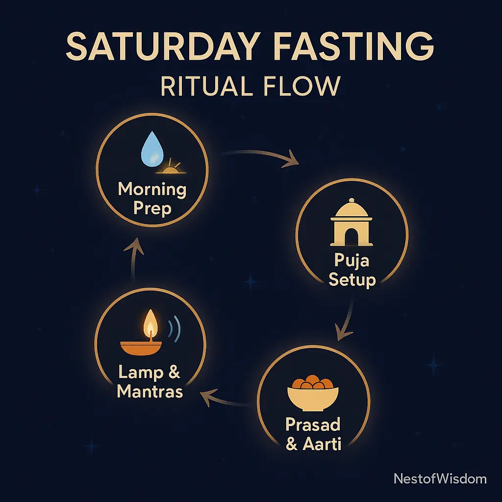 Saturday Fasting (Shanivar Vrat) ritual flow infographic with icons for morning preparation, puja setup, lamp with mantras, and prasad offering