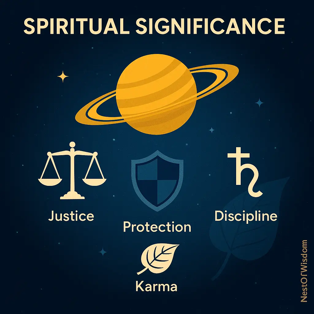 Saturday Fasting (Shanivar Vrat) spiritual significance infographic with Saturn, justice scales, shield, and peepal leaf
