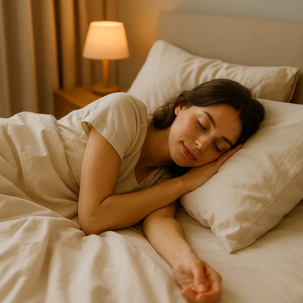 Peaceful woman sleeping on her side in a softly lit beige bedroom