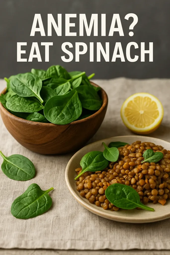 Bowl of fresh spinach and plate of lentils with lemon on a neutral cloth, text overlay says “Anemia? Eat Spinach”