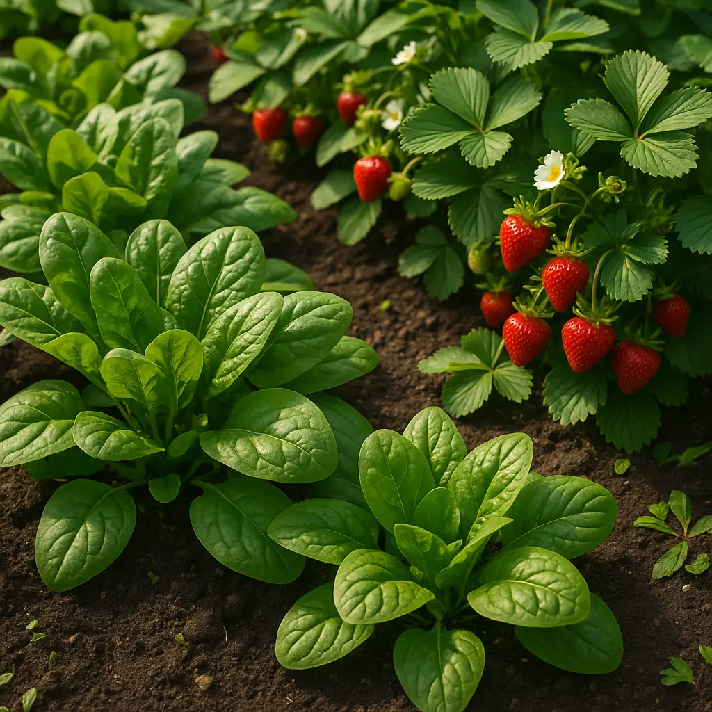 Spinach leaves and strawberry plants growing side by side in a moist garden bed
