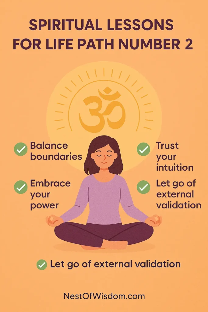 Infographic showing meditation, Om symbol, and key spiritual lessons for Life Path 2