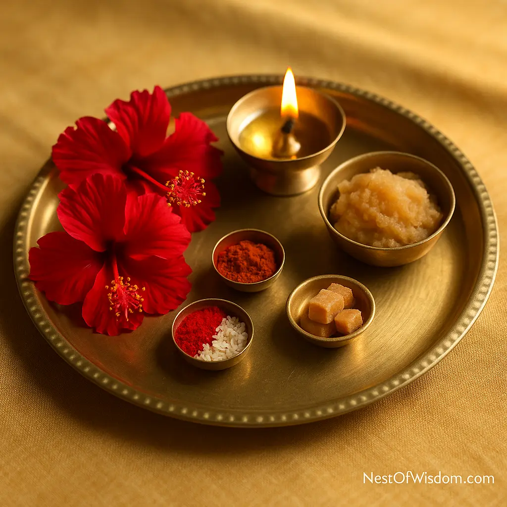 Aarti and prasad thali for Sunday fasting with diya, fruits and simple sattvic sweets