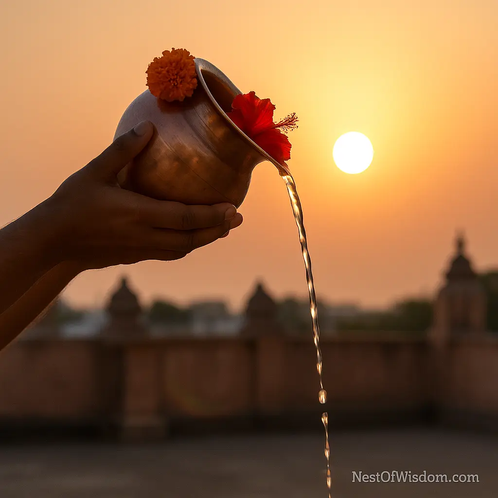Offering water (Arghya) to Surya at sunrise during Sunday fasting