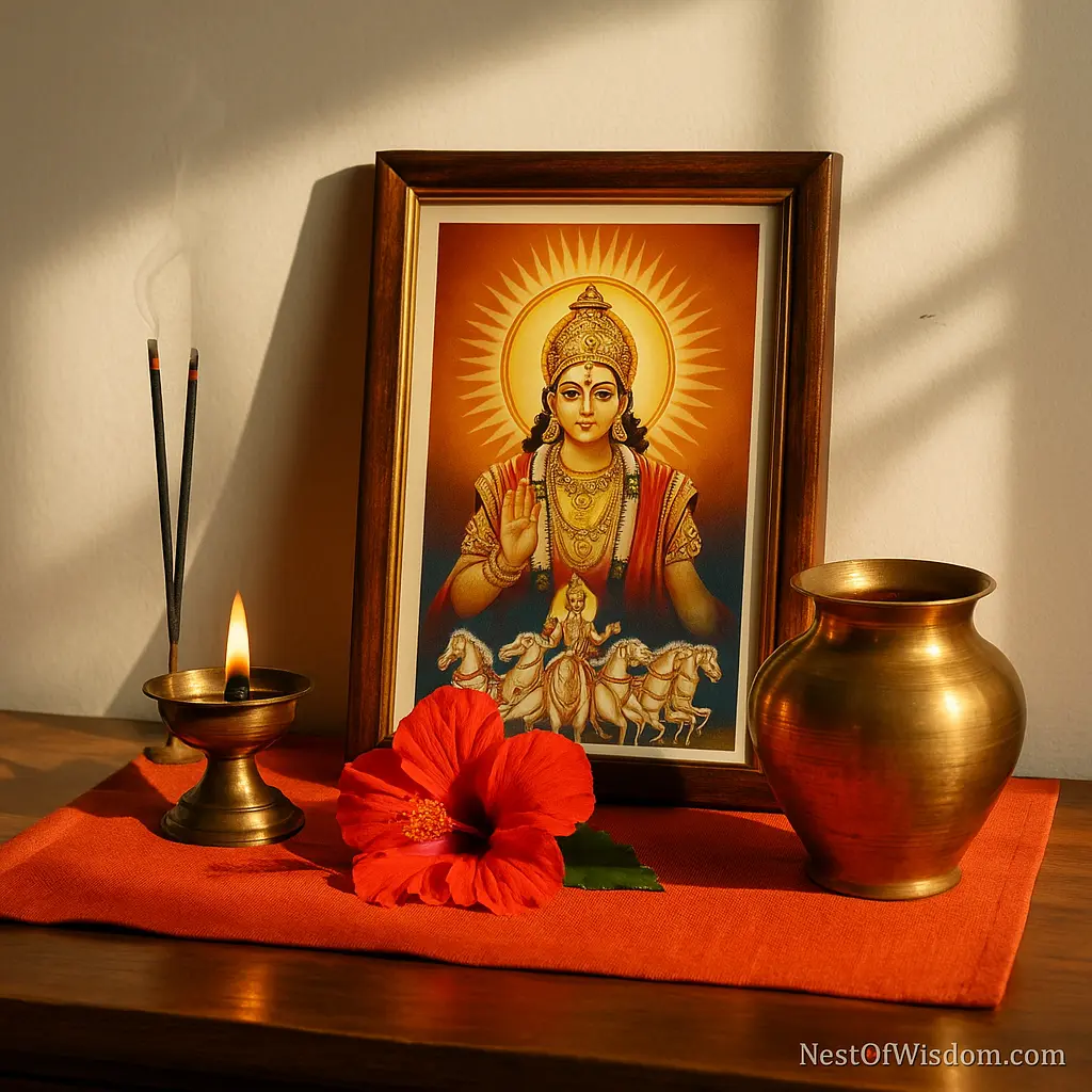Home altar setup for Sunday fasting with Surya image, diya, incense and red flowers