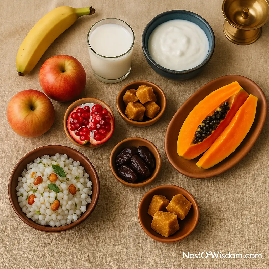 Permissible sattvic foods for Sunday fasting such as fruits, milk, nuts and light khichdi