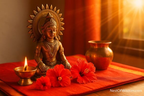 Sunday Fasting (Ravivar Vrat) – Surya altar with diya, red hibiscus and copper kalash; subtle NestOfWisdom.com branding.