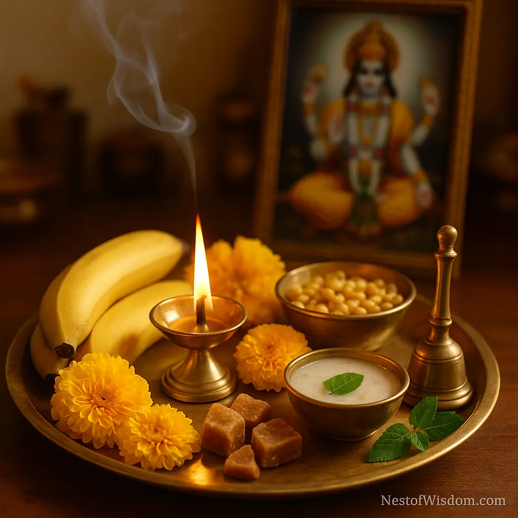 Aarti thali for Thursday fasting with lit diya, camphor, banana, yellow laddoo, kheer and marigolds for Guruvar Vrat.