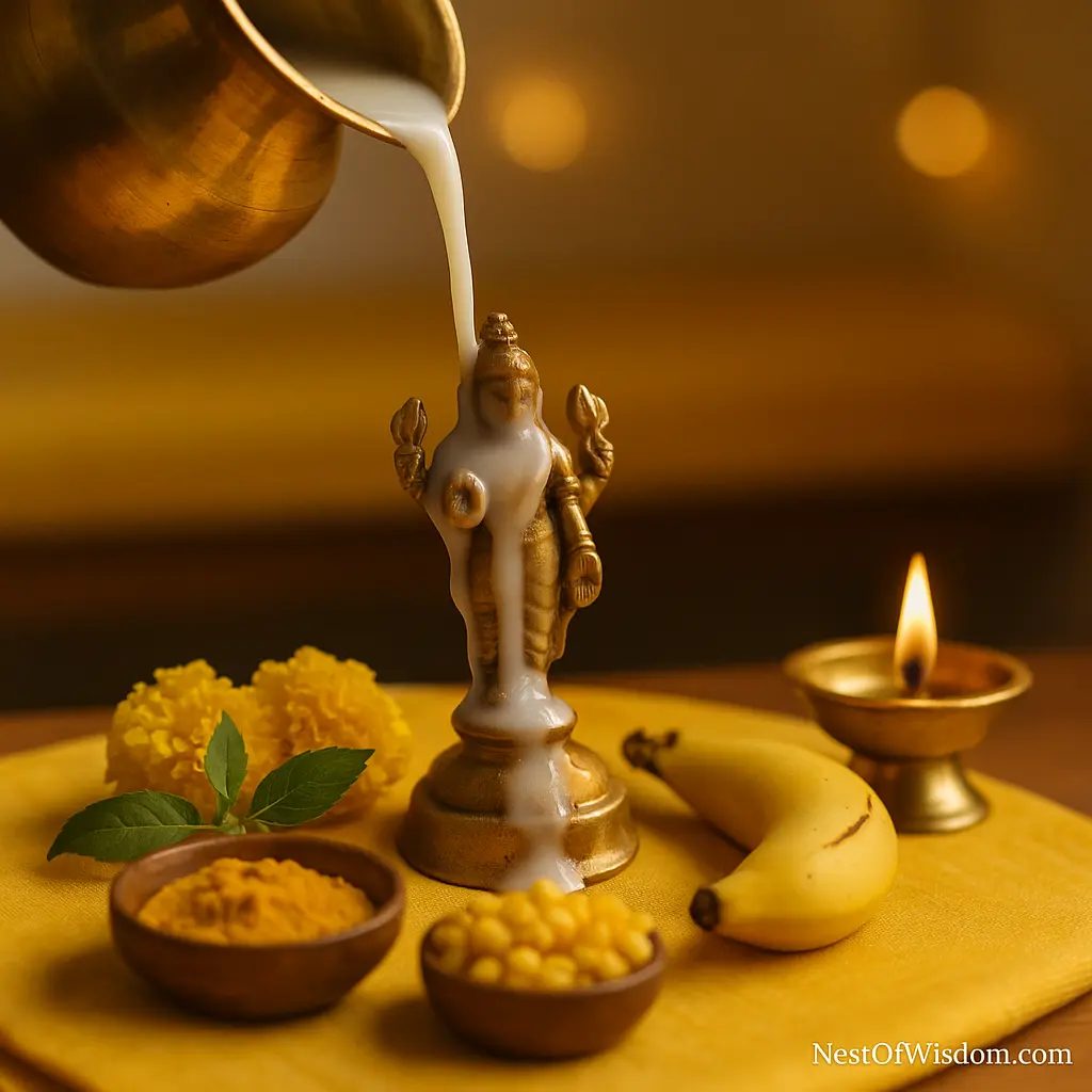 Abhishekam of Lord Vishnu murti with water or milk; yellow flowers, bananas and chana dal arranged for Thursday fasting (Guruvar Vrat).