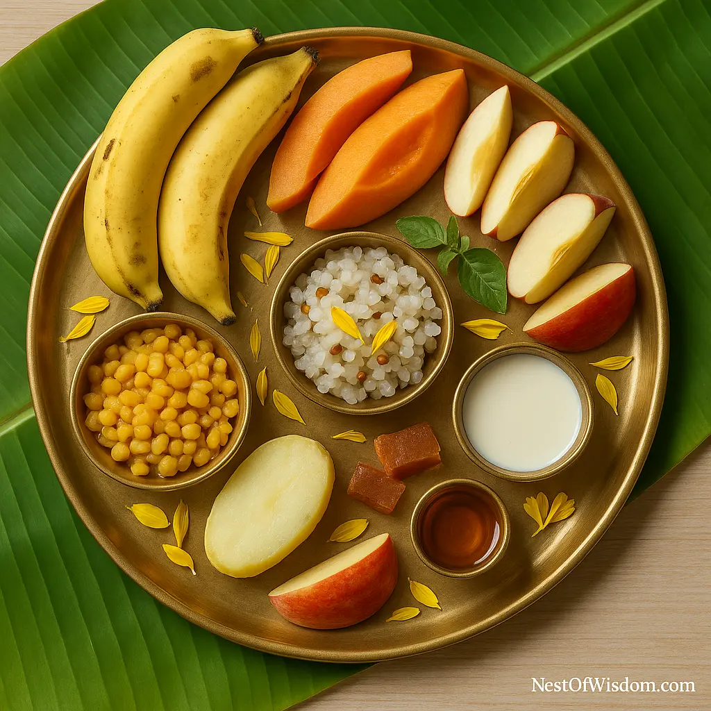 Brass thali with bananas, chana dal, sabudana kheer, milk and jaggery arranged for Thursday fasting (Guruvar Vrat).