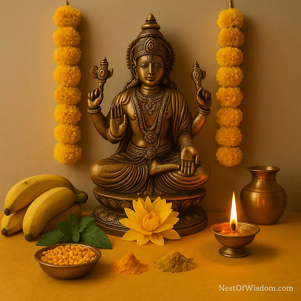 Lord Vishnu altar for Thursday fasting with diya, yellow marigolds, bananas, chana dal and tulsi arranged neatly for Guruvar Vrat.