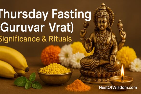 Lord Vishnu with diya, bananas, chana dal and yellow marigolds for Thursday fasting (Guruvar Vrat); headline and NestOfWisdom.com branding.