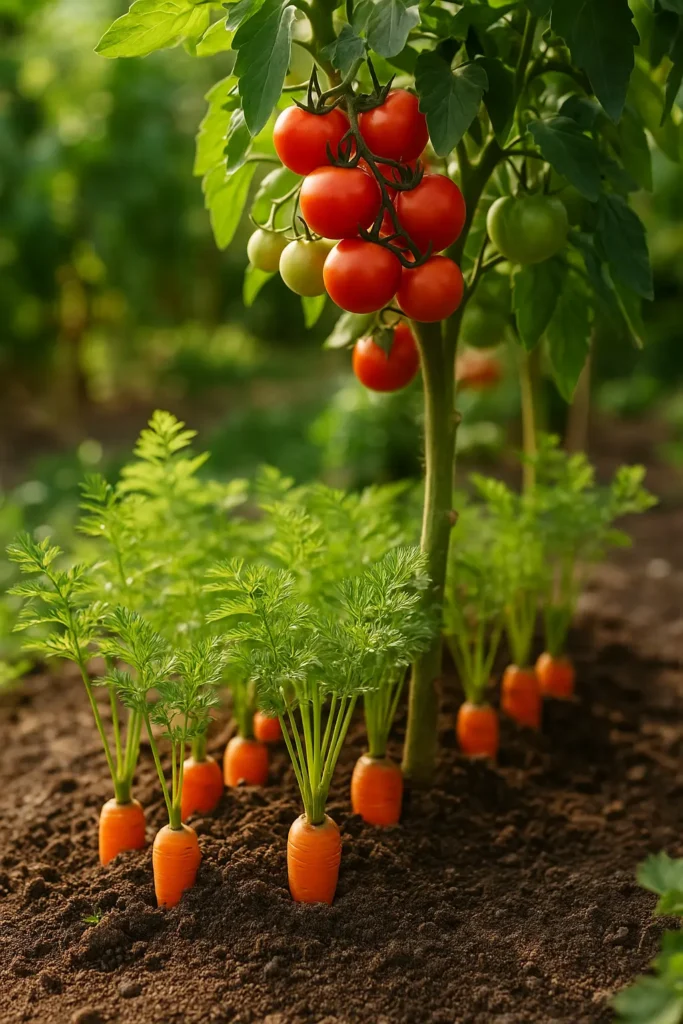 Tomato plant with ripe red fruits growing above rows of carrots in healthy garden soil