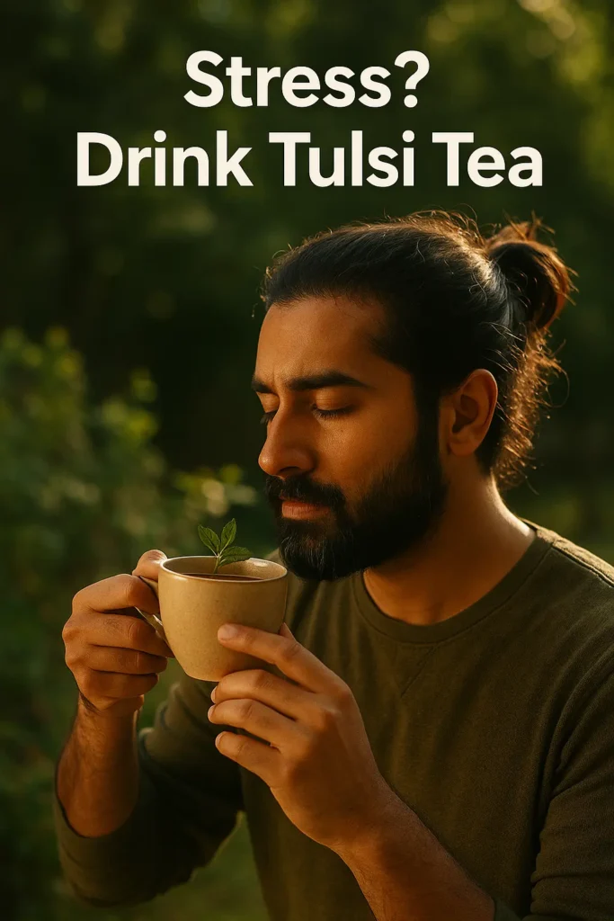 A serene South Asian man with eyes closed, holding a warm cup of tulsi tea with fresh leaves, in golden garden light