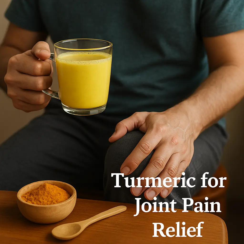Turmeric for Joint Pain Relief – person holding golden milk and touching knee
