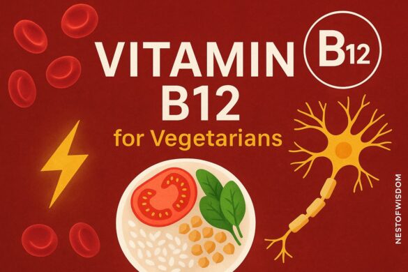 Vitamin B12 for vegetarians – bold featured image with red blood cells, neuron, and vegetarian plate