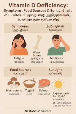 Vitamin D Deficiency infographic showing symptoms, food sources like yogurt, and sunlight tips