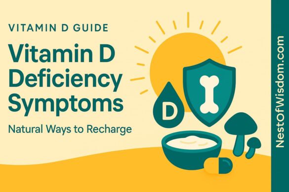 Vitamin D Deficiency Symptoms — feature image with sun, bone/shield health icons and right-edge NestOfWisdom.com branding
