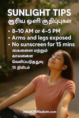 Sunlight exposure tips for Vitamin D – morning sun, arms exposed, no sunscreen for 15 mins