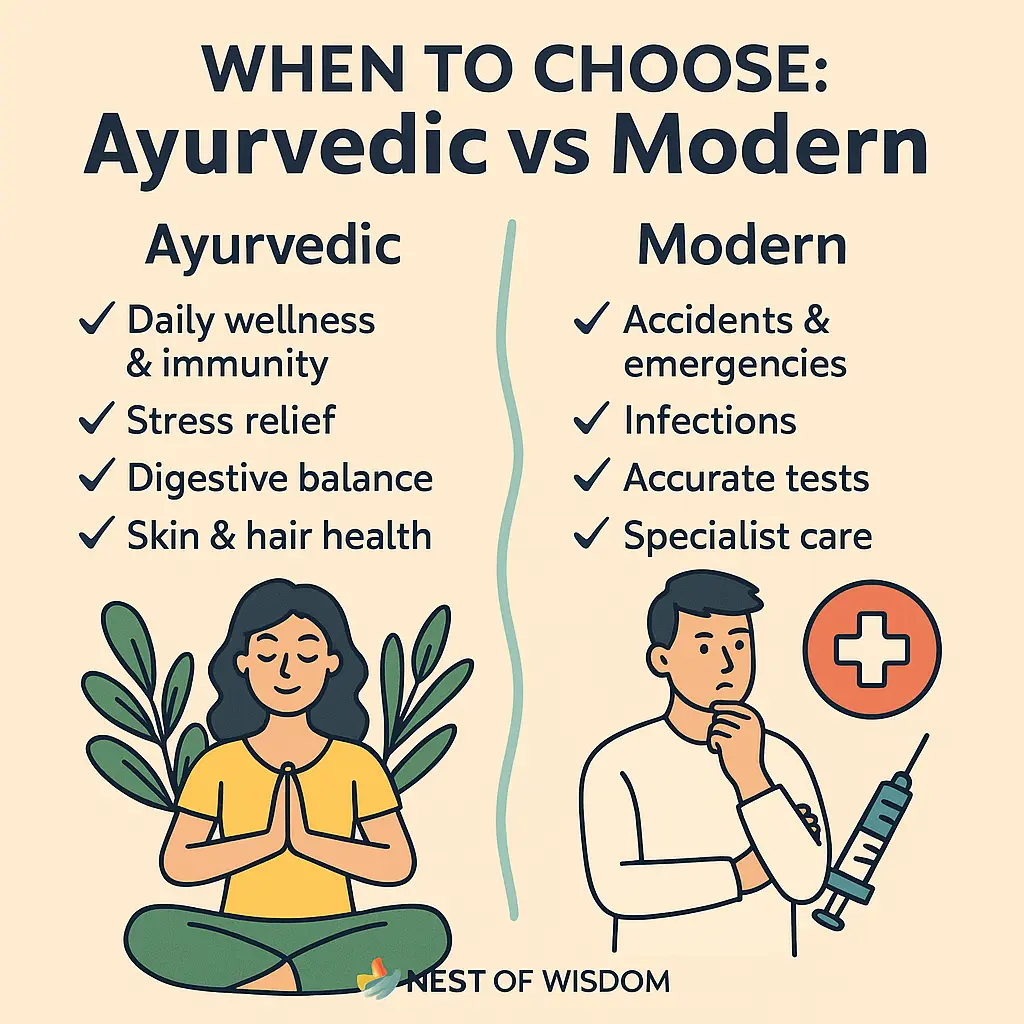 When to choose Ayurvedic vs Modern remedies — decision concept with two paths