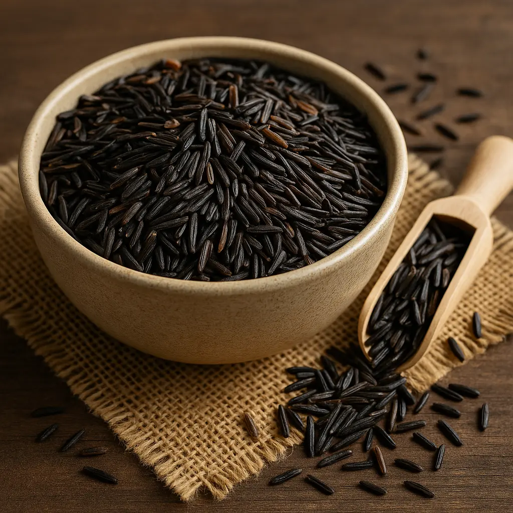 Wild rice in ceramic bowl with scoop on burlap
