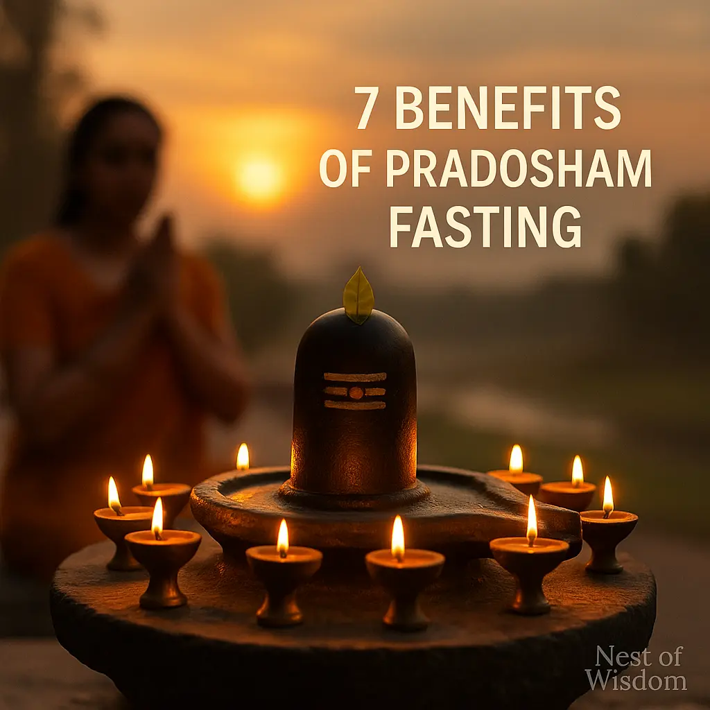 7 Benefits of Pradosham Fasting – Shiva Lingam with oil lamps
