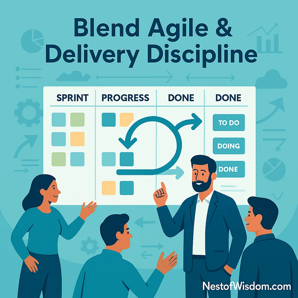 Blend Agile and Delivery Discipline – team collaborating on hybrid Scrum and Kanban board