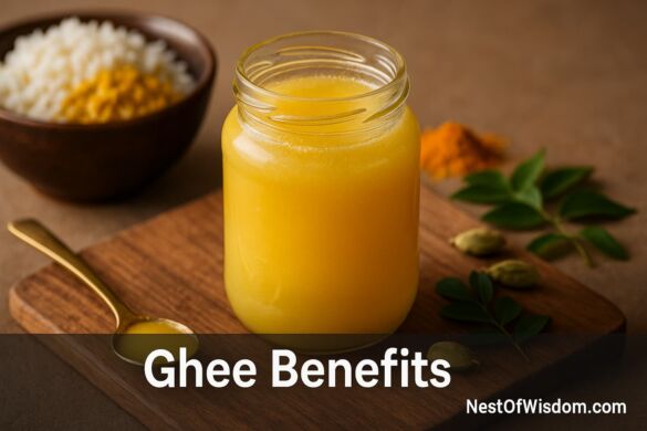 Ghee Benefits — jar of golden ghee with spoon and Ayurvedic spices on a wooden board | Nest of Wisdom