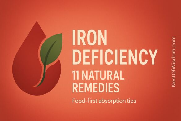 Iron Deficiency Natural Remedies – featured image with blood drop and green leaf icon on warm red gradient; right-edge branding