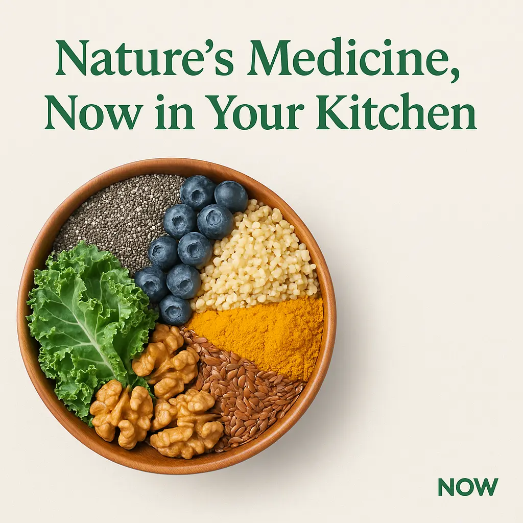 Organic Superfoods in North America – Chia, Blueberries, Quinoa, Kale, Walnuts in Bowl