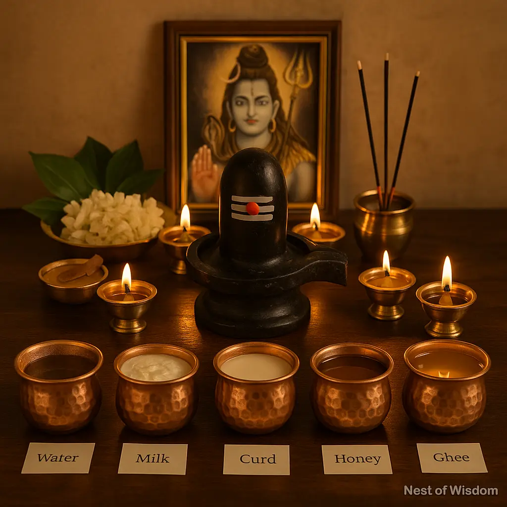 Pradosham Fasting – Shiva Lingam altar with 5 oil lamps and ritual offerings