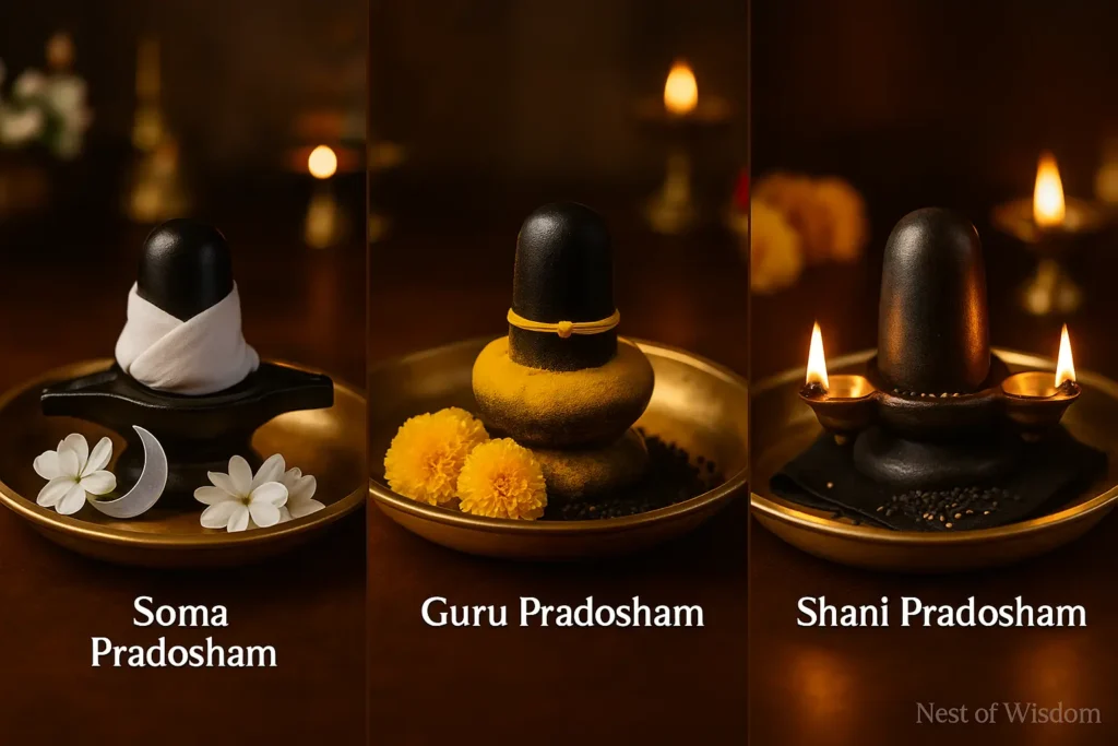 Three types of Pradosham – Soma, Guru, and Shani altars for Shiva worship