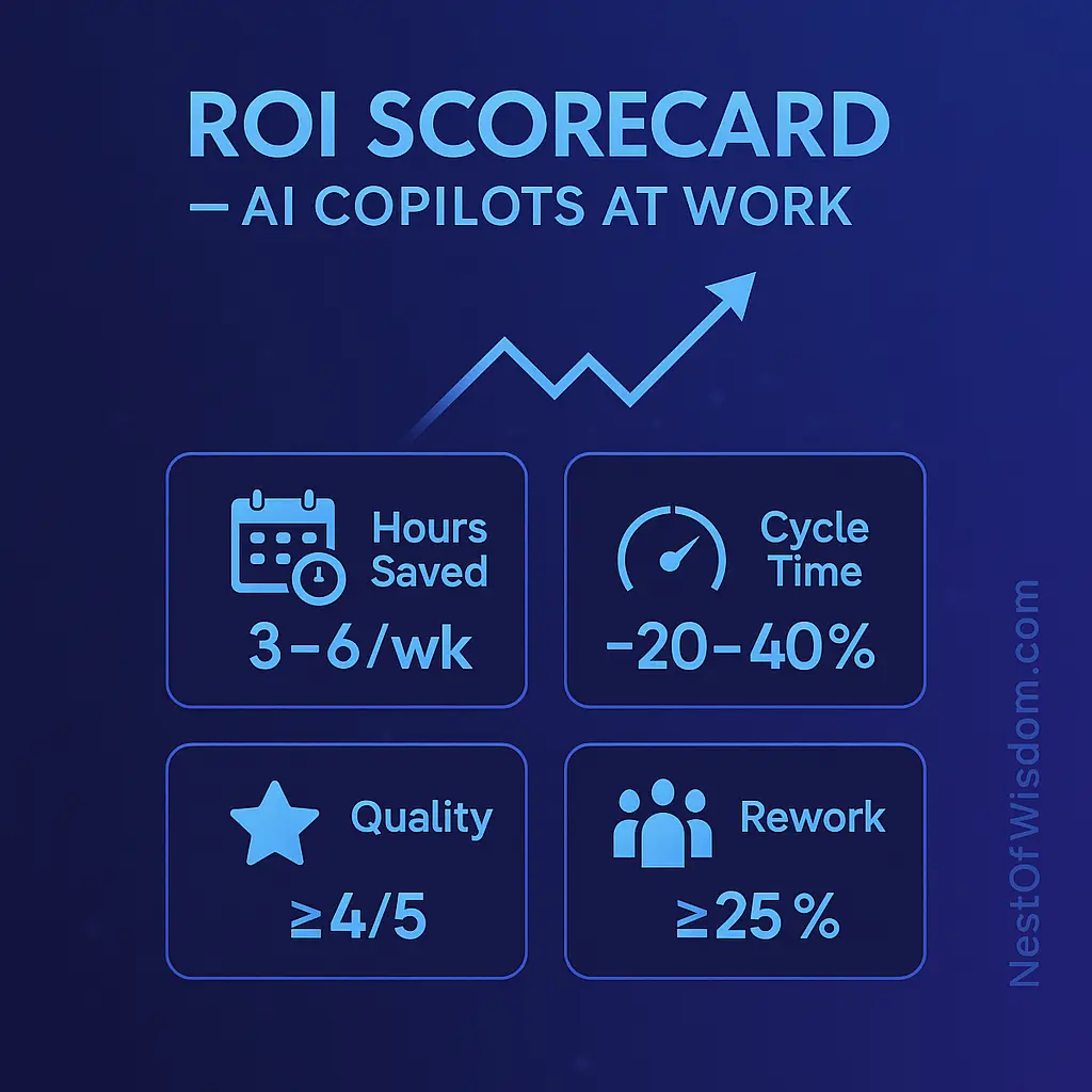 ROI scorecard dashboard with KPI tiles for hours saved, cycle time, quality, rework, and adoption