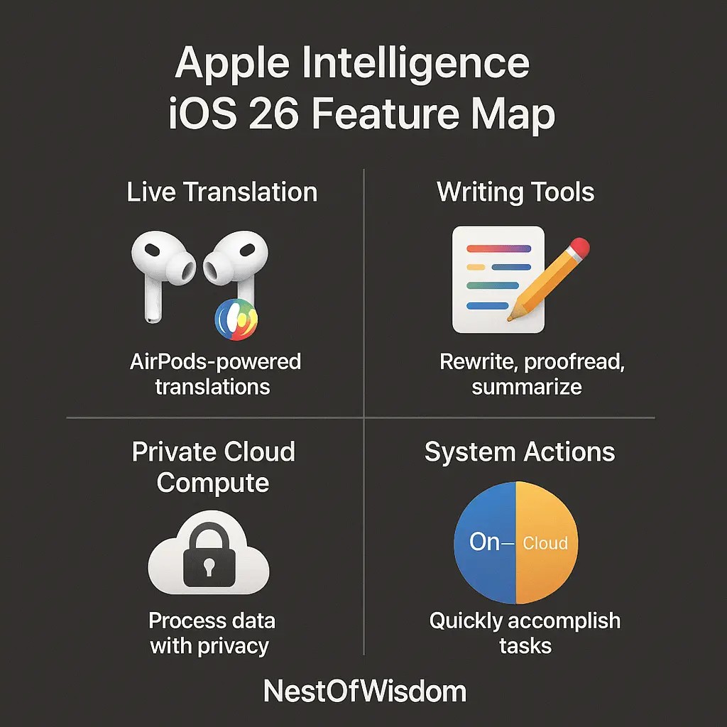 Feature map of Apple Intelligence iOS 26 covering translation, writing tools, Private Cloud Compute, and actions
