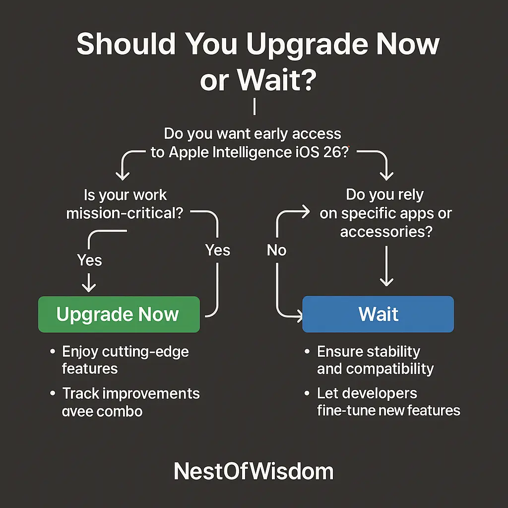 Upgrade decision flowchart for Apple Intelligence iOS 26