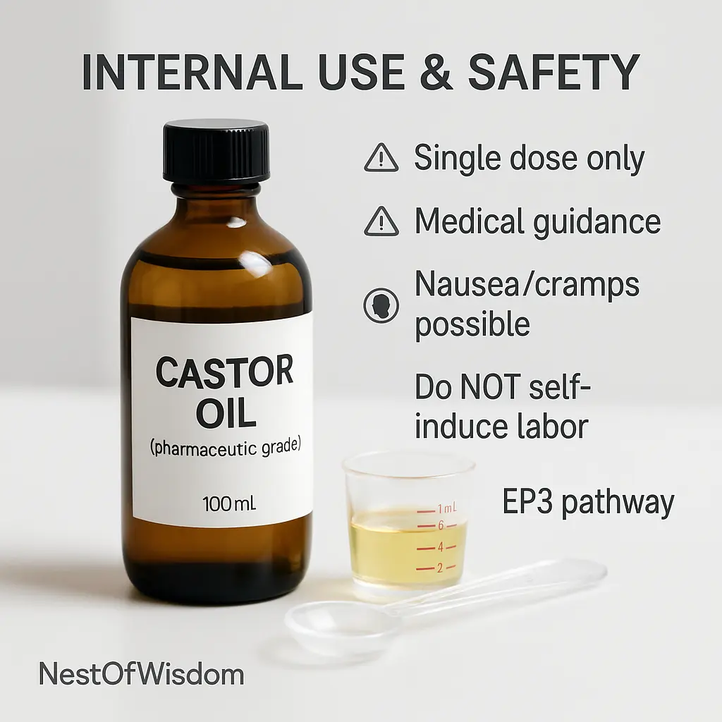 Castor Oil Benefits—internal use safety: single dose with medical guidance; pregnancy caution; EP3 pathway.