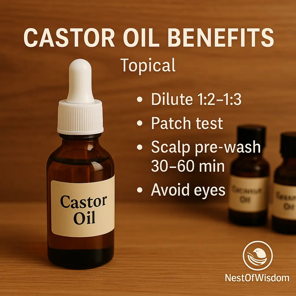 Castor Oil Benefits—topical routine (NestOfWisdom): dilute 1:2–1:3, patch test, scalp pre-wash.