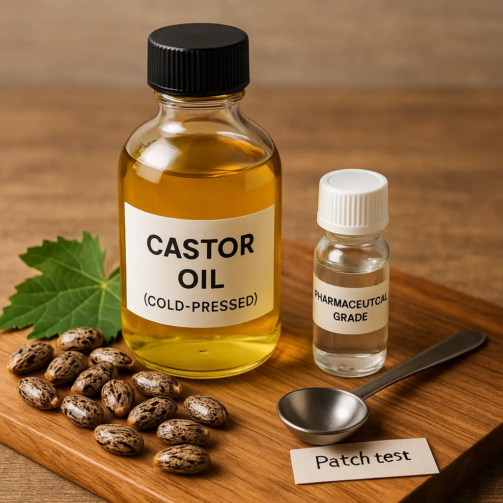 Castor Oil Benefits—cold-pressed vs pharmaceutical grade bottles on a tray, explaining topical vs medicinal use.